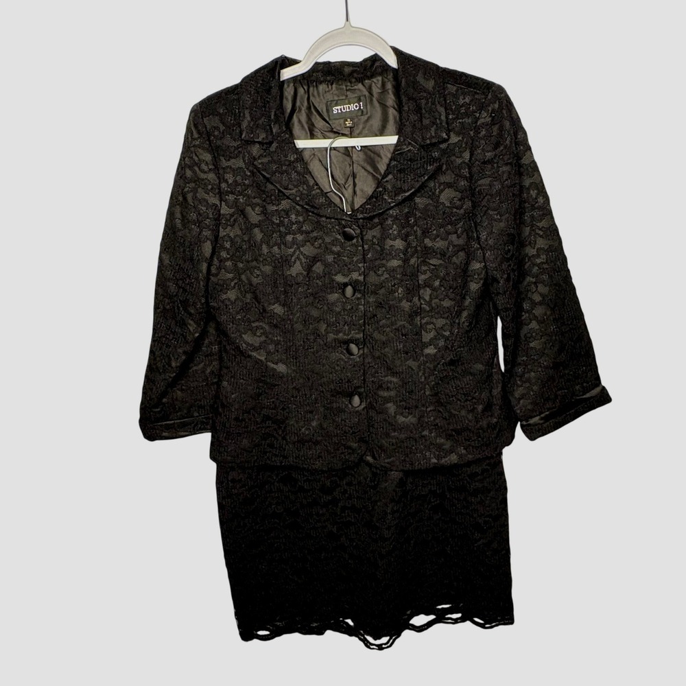 Studio I Black Floral Lace Skirt Suit Set Blazer &‎ Pencil Skirt Size 10 Classic